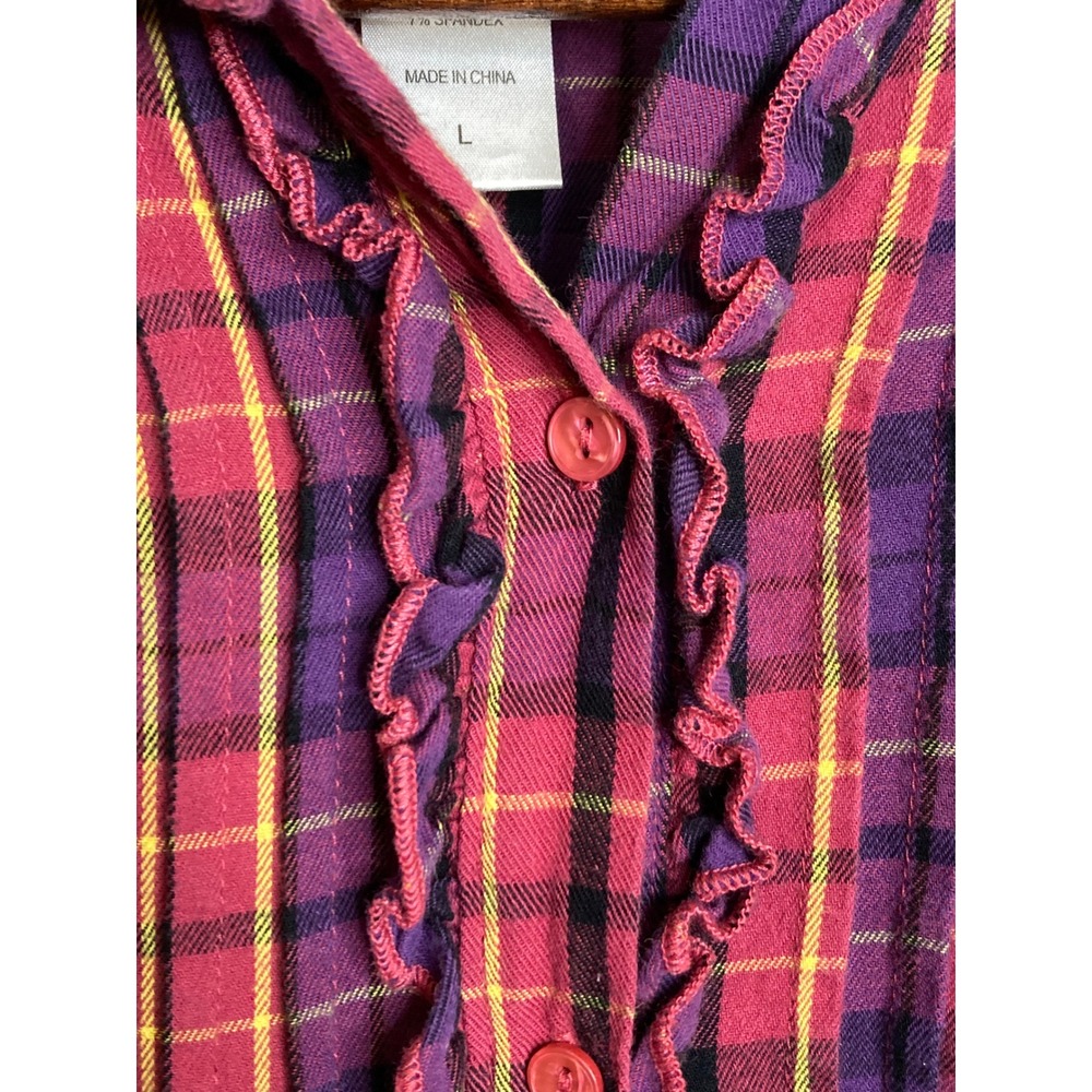 Betsey Johnson Intimates Womens Top L Pink Plaid Ruffle Button Pajama Loungewear - Picture 4 of 9